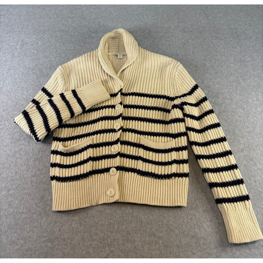 Gap Womens XS Petite Cream Black Striped Shawl Collar Cotton Cardigan Sweater